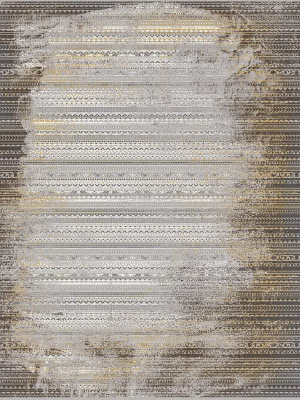 Alfombra moderna Nora de rayas desgastadas: gris neutro y estampado geométrico dorado