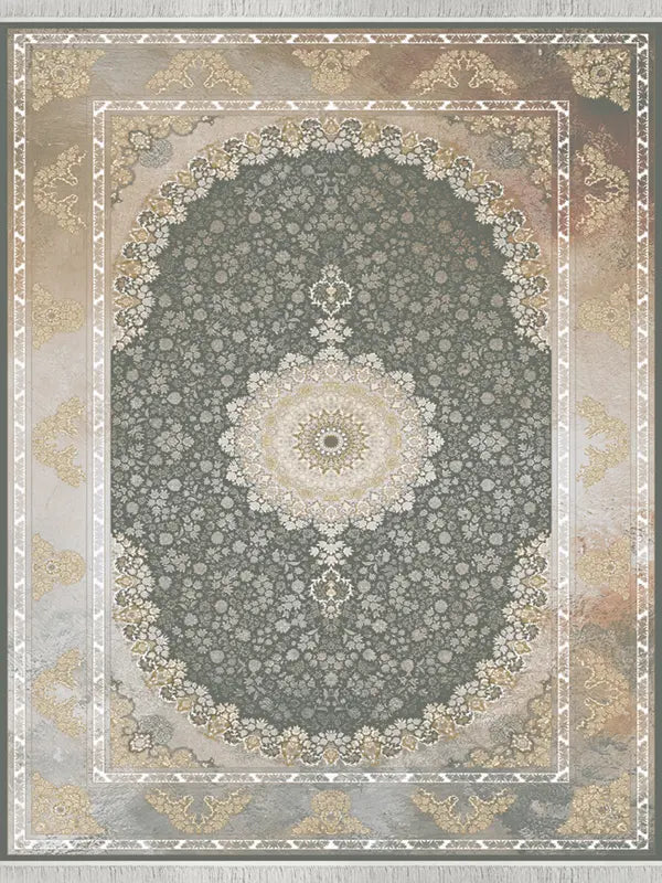 Alfombra persa moderna con diseño de medallón ornamentado en gris, dorado y crema.