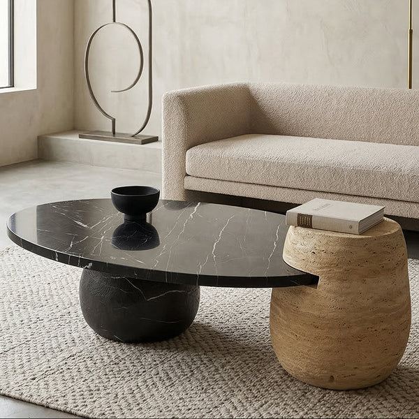 Nero Marquina Beige Travertine Marble Coffee Table - View 2