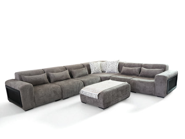 Otto - Sofá modular seccional gris moderno - Sofá lujoso en forma de L con detalles de ratán y otomana