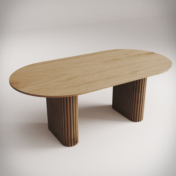Mesa de comedor moderna de madera maciza de fresno ovalada y estriada con base de pedestal escultural y acanalada.