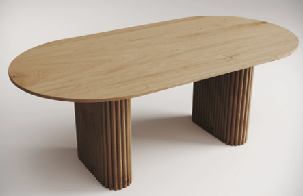 Tavolo da pranzo moderno ovale scanalato in legno massello di frassino - Base a piedistallo scanalata scultorea