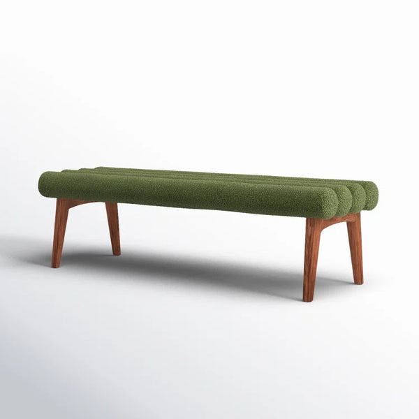 Banco moderno de mediados de siglo con capitoné y estructura de madera maciza con tapizado bouclé verde