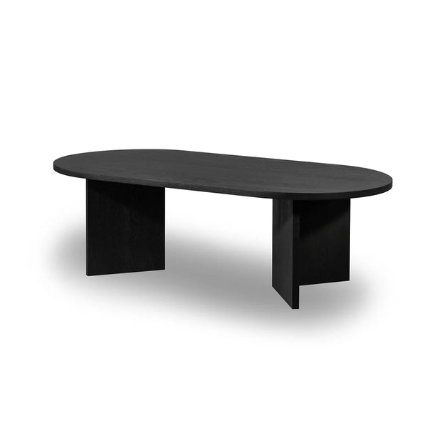 Mesa de centro ovalada moderna de color negro: pieza central minimalista de madera con base de panel escultural