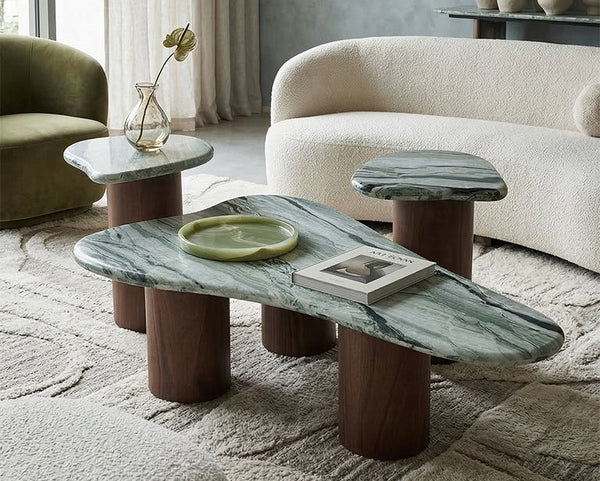 Shangrila Green Marble Coffee Table Set with Wood Legs - View 2