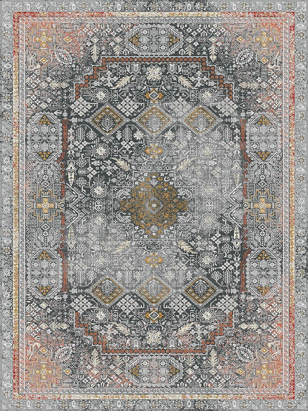 Alfombra persa vintage desgastada con diseño de medallón ornamentado en gris, dorado y óxido