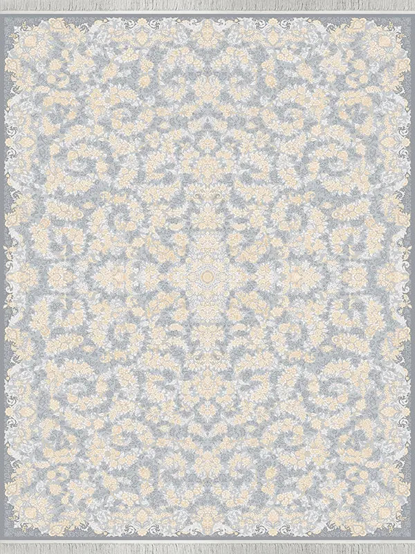 Alfombra persa gris con motivos florales en crema y dorado sobre gris suave.