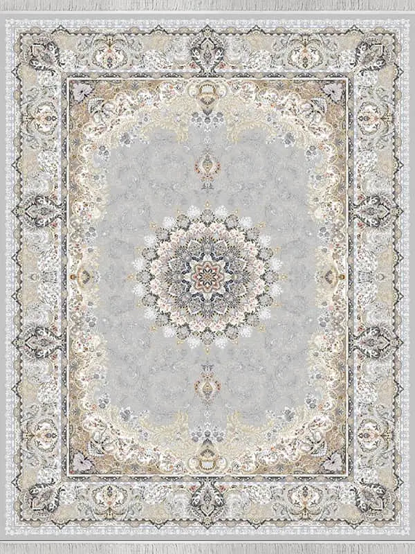 Alfombra persa plateada: diseño de medallón ornamentado en elegante gris y marfil