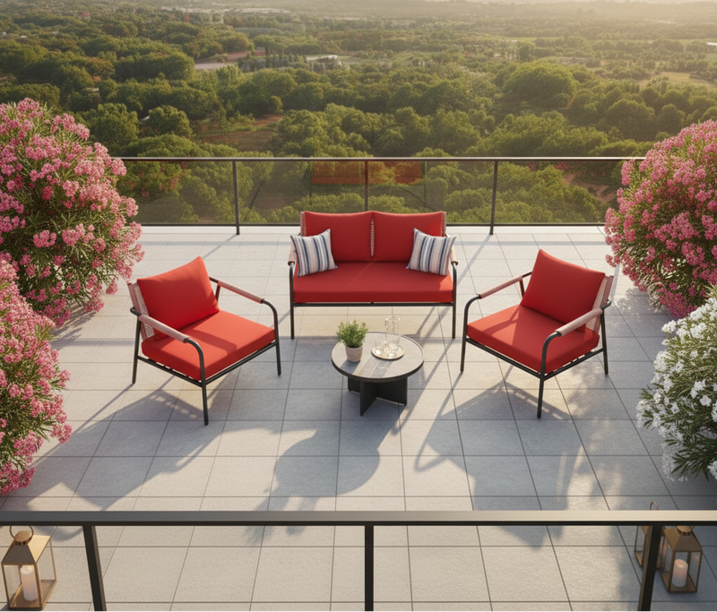 Modern Aluminum Outdoor Lounge Set – Sofa, Two Lounge Chairs & Coffee Table with Rope Accents