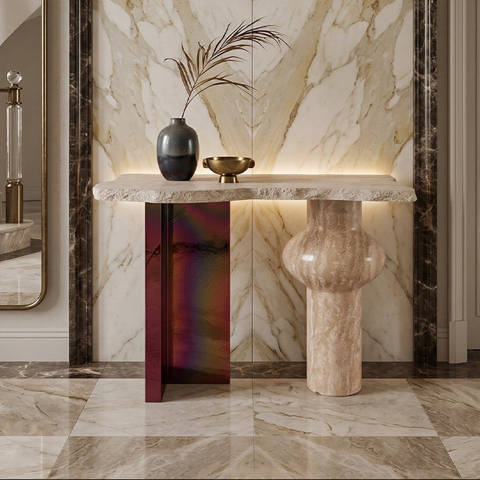 Travertine Console Table with Chiseled Edge Metal Legs - View 2