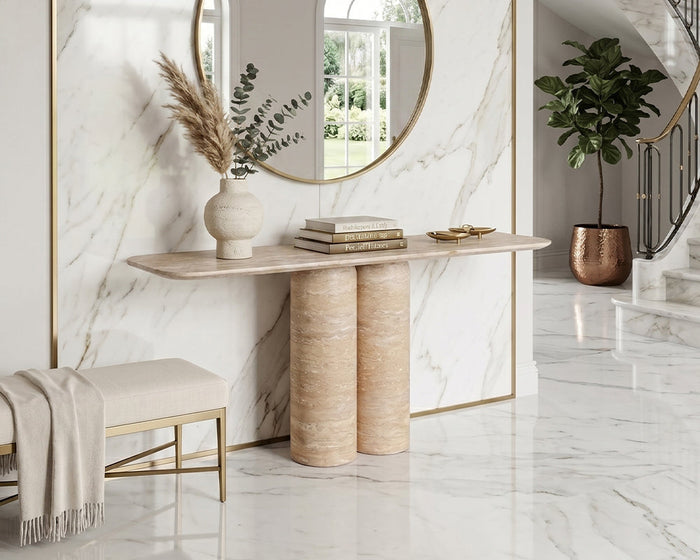 Travertine Console Table with Two Long Cylindrical Legs - View 2