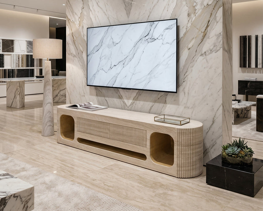 Travertine TV table with two drawers - View 2