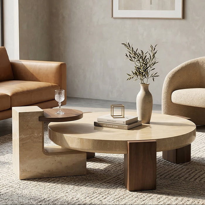 Travertine and Wood Low Marble Coffee Table - View 2