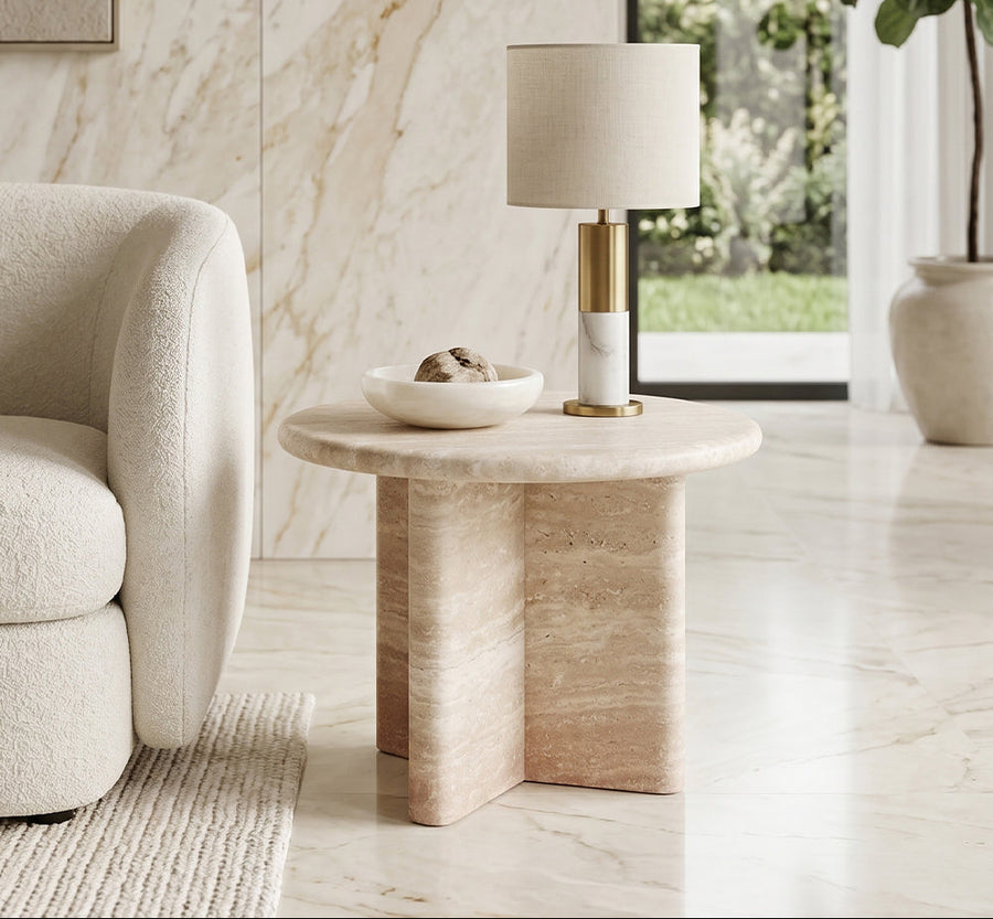 Triangular Leg Travertine Round Side Table - View 3