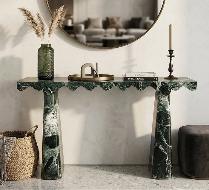 Verde Alpi Marble Console Table with Wave Design - View 2