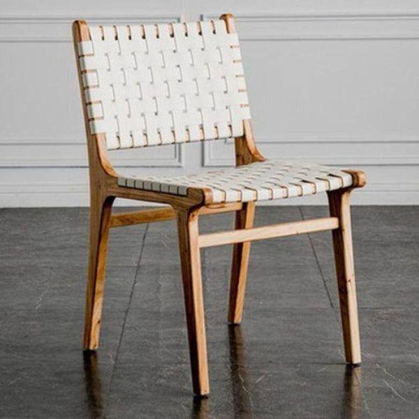 Silla de comedor moderna de cuero trenzado – Minimalismo orgánico _ Madera maciza + Cuero genuino