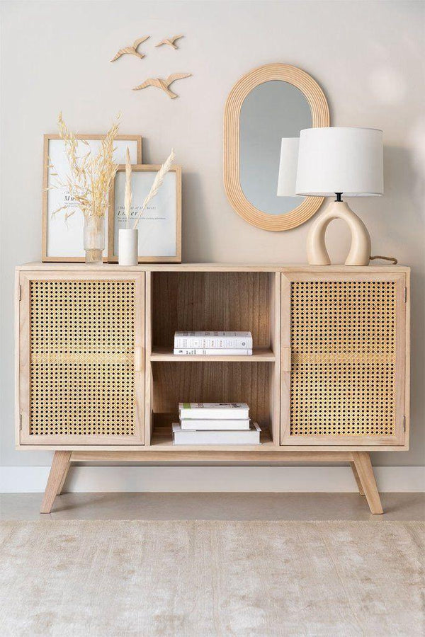Aparador moderno de teca maciza y ratán: mueble de ratán de inspiración escandinava con estantes