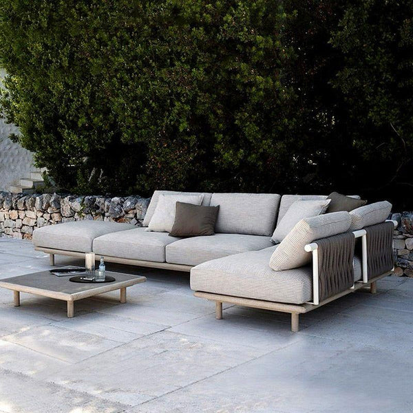 Moderno y lujoso conjunto de sofá seccional para exterior para patio o terraza, con tela de olefina y teca maciza.