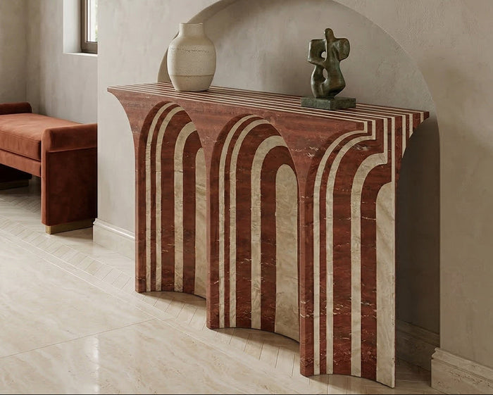 White Travertine and Red Travertine Marble Console Table - View 3