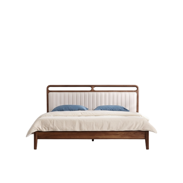 Mid-Century Modern Bed – Sculpted Wood Frame with Vertical Channel Upholstered Headboard
