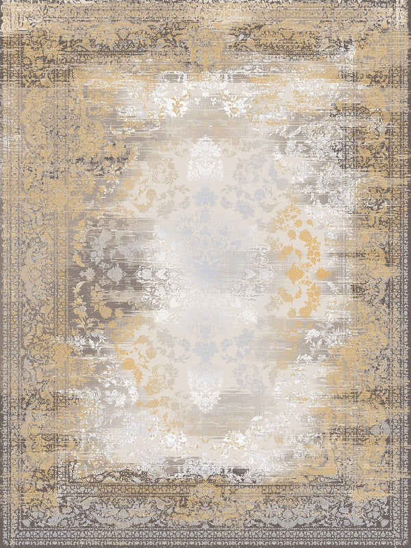 Alfombra persa moderna con diseño desgastado: medallón ornamentado en dorado y gris