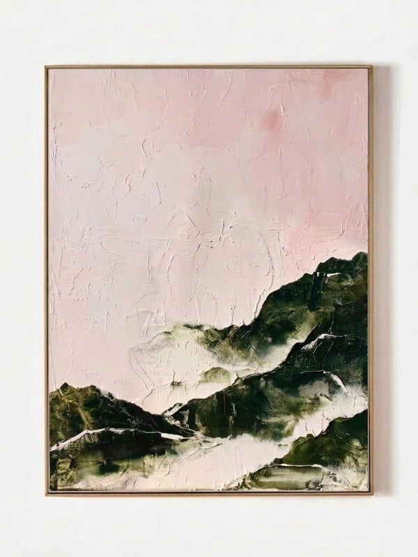 Abstract Pink and Forest Green Mountain Painting