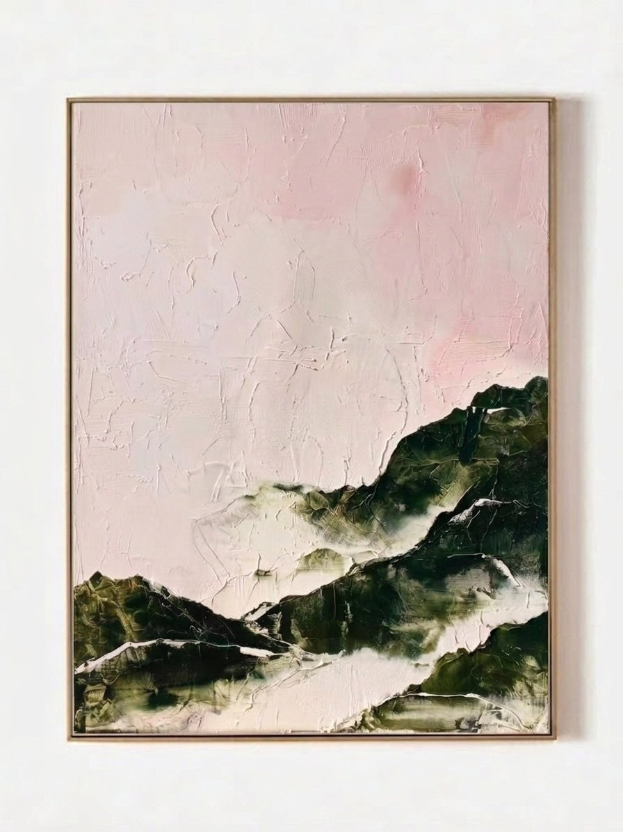 Abstract Pink and Forest Green Mountain Painting