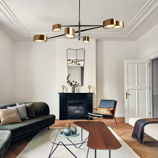 Adjustable Branching Brass and Glass Shade Chandelier
