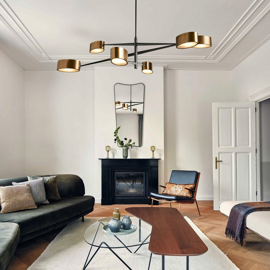 Adjustable Branching Brass and Glass Shade Chandelier
