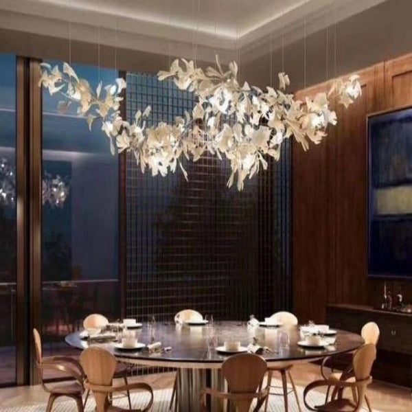 Adjustable Copper Branch Porcelain Ginkgo Leaf Chandelier