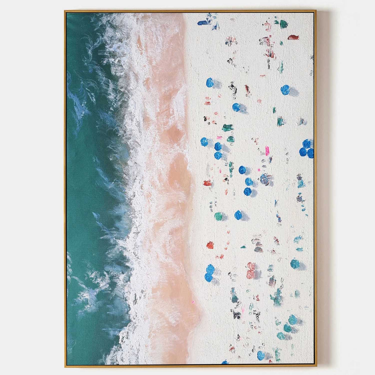 Aerial Beach Day with Blue Umbrellas