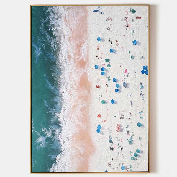 Aerial Beach Day with Blue Umbrellas