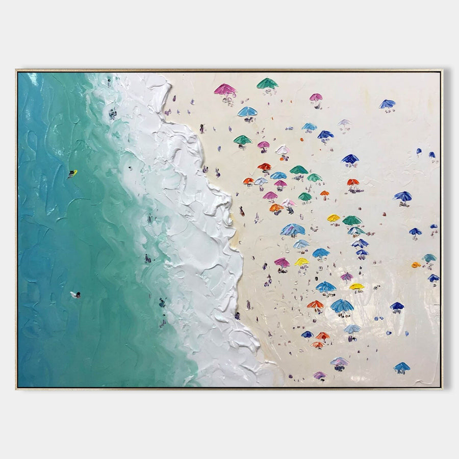 Aerial Beach with Bright Umbrellas