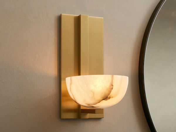 Alabaster Bowl Wall Sconce with Antique Brass Backplate