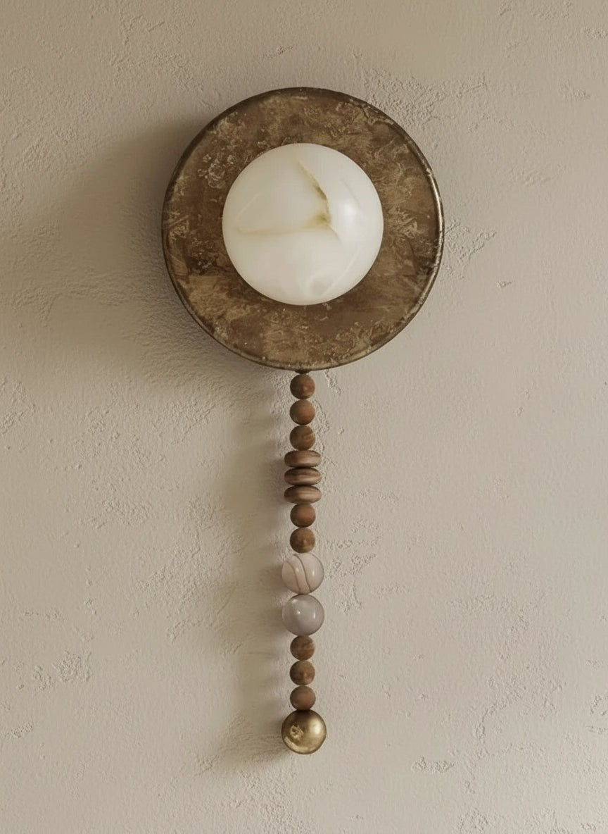 Alabaster Disc Wall Sconce with Beaded Strand