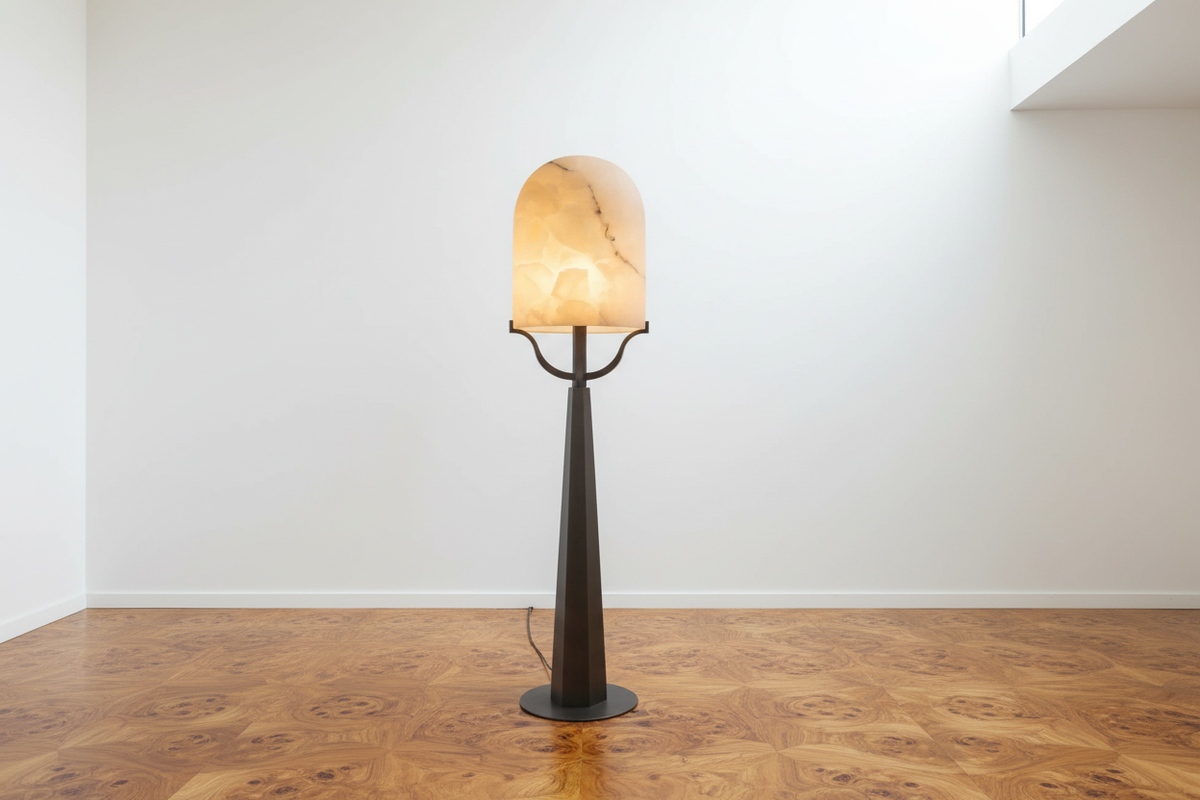 Alabaster Dome and Dark Iron Floor Lamp