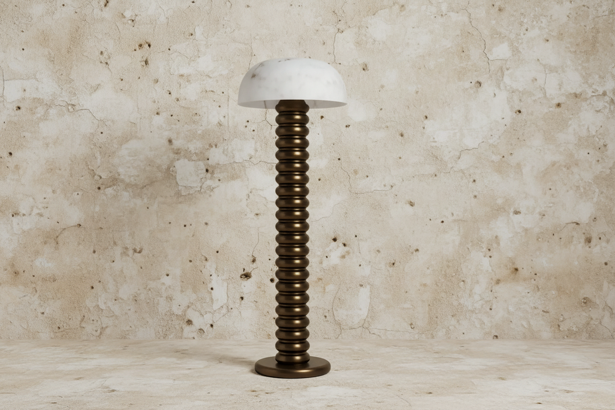 Alabaster Dome Floor Lamp with Ribbed Steel Column