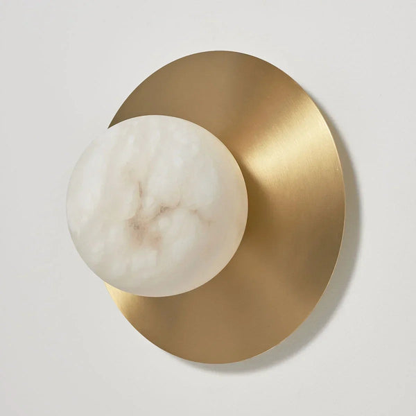Alabaster Globe and Brass Disc Wall Sconce