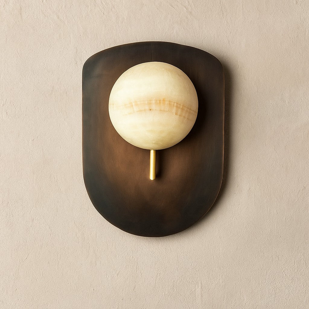 Alabaster Globe and Curved Brass Wall Sconce
