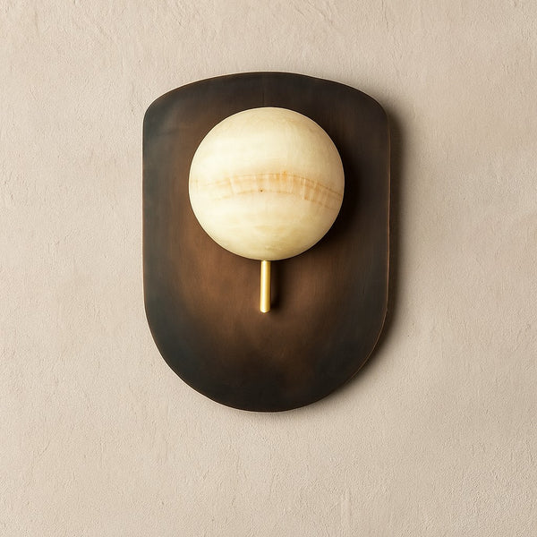 Alabaster Globe and Curved Brass Wall Sconce