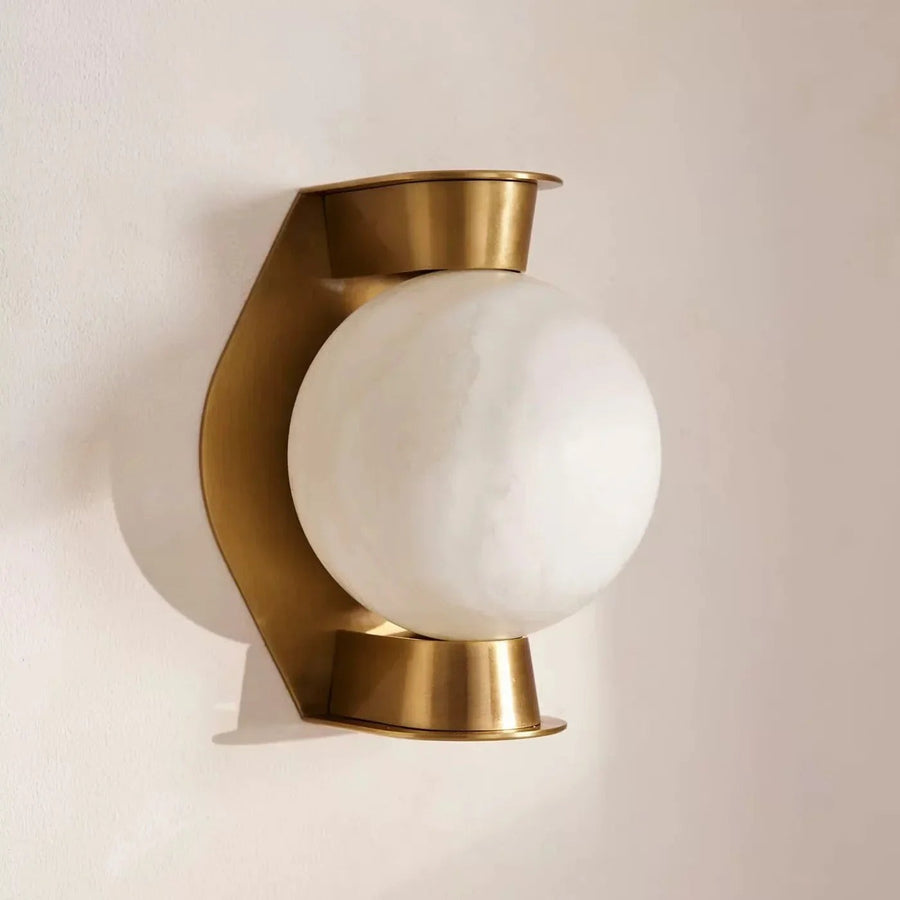 Alabaster Globe and Slender Brass Arm Wall Sconce