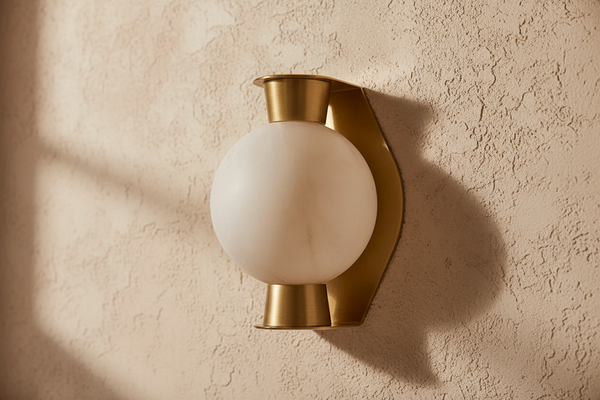 Alabaster Globe and Slender Brass Arm Wall Sconce