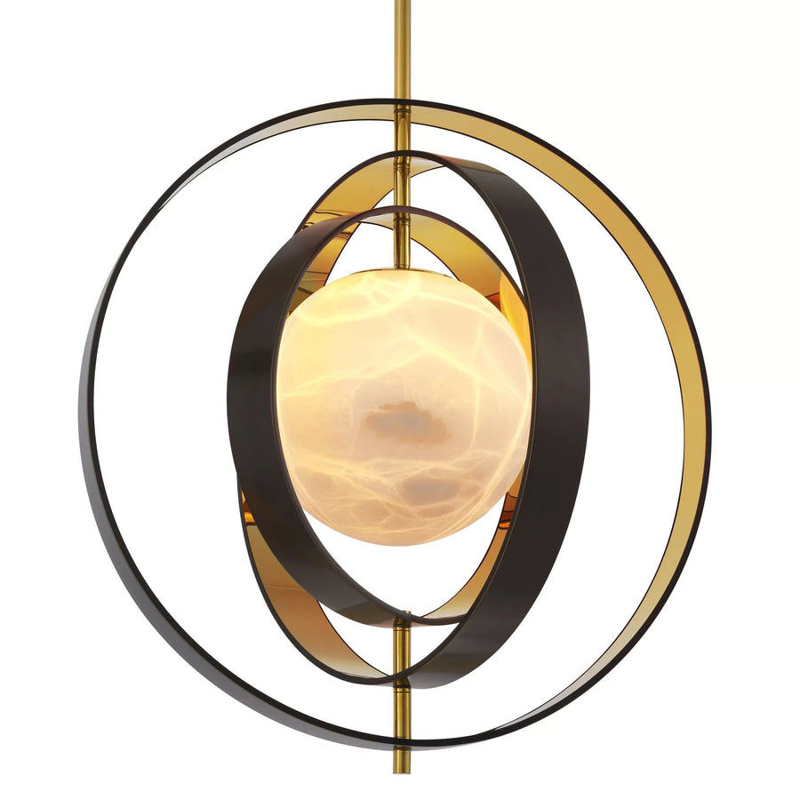 Alabaster Globe Chandelier with Rotating Bronze Rings