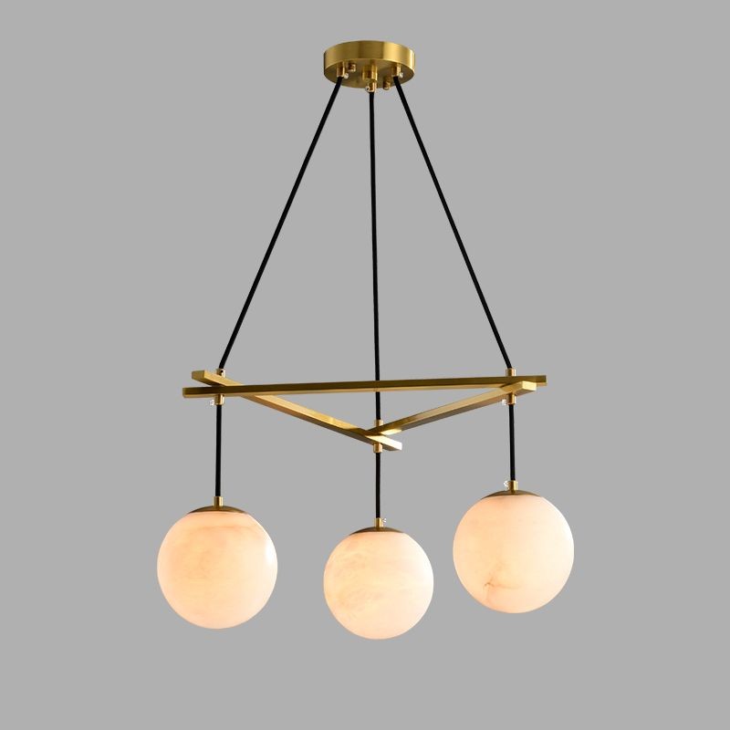 Alabaster Globe Cluster and Slender Brass Chandelier