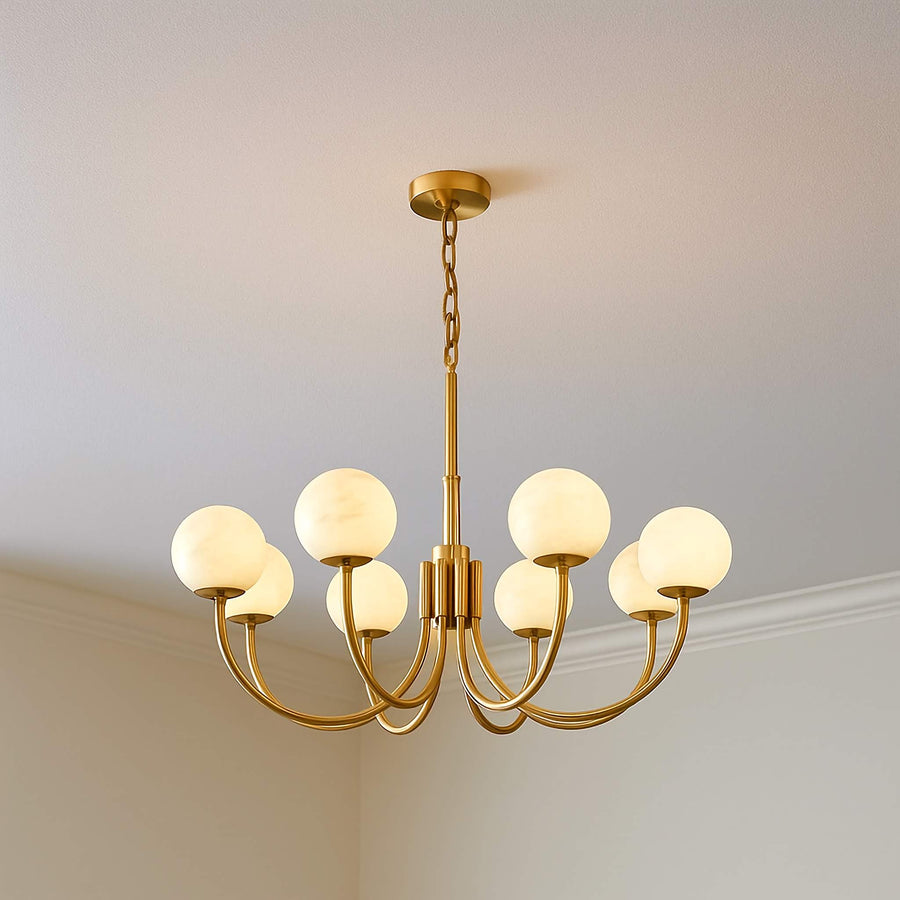 Alabaster Globe Cluster Brushed Brass Chandelier