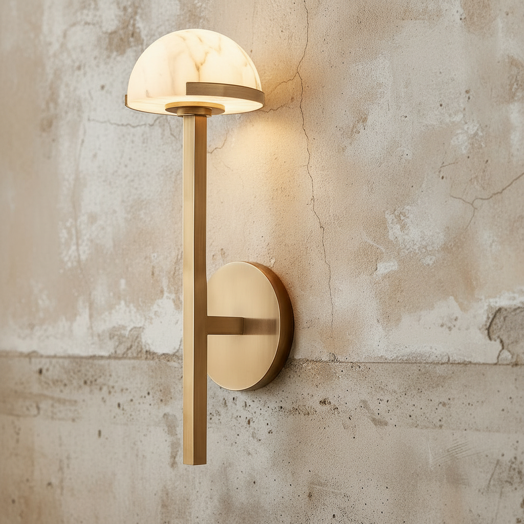 Alabaster Half Dome and Slim Brass Wall Sconce