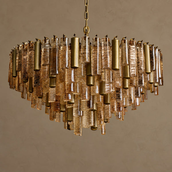 Amber Cast Glass Cluster Chandelier with Antique Brass Frame