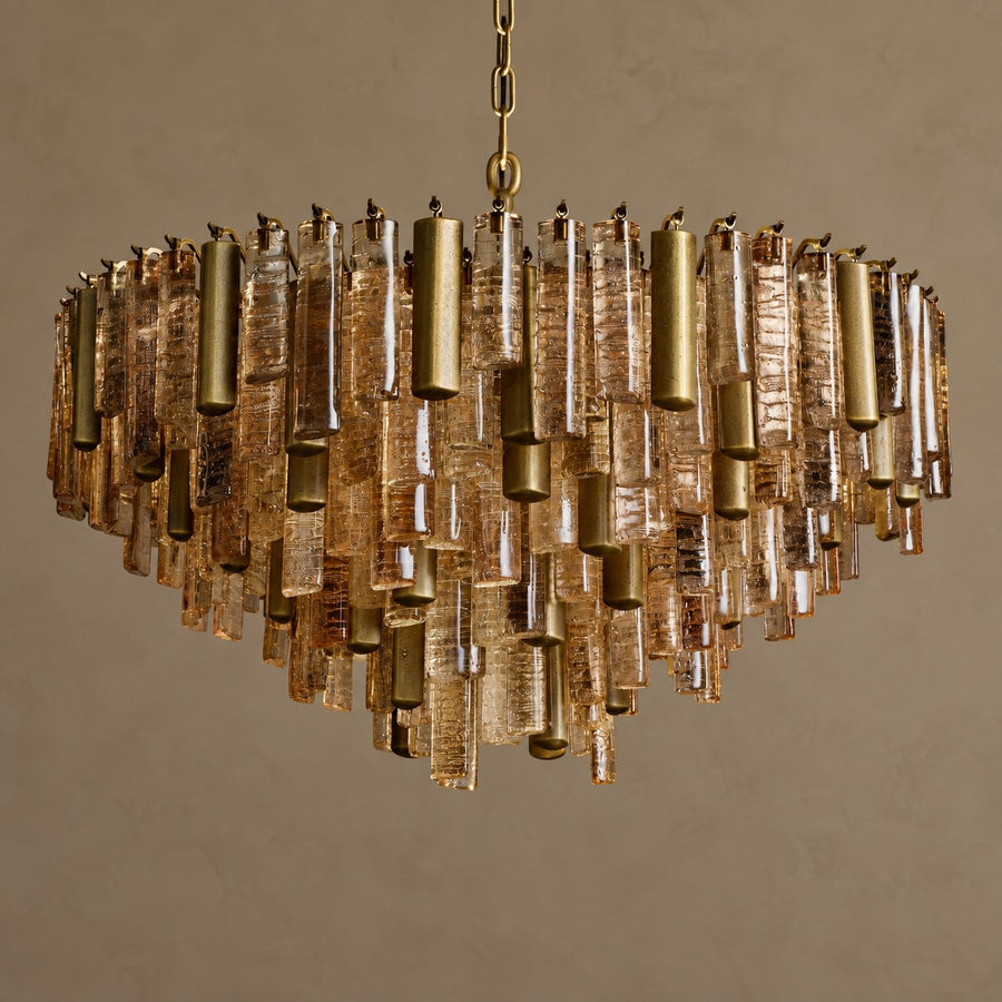 Amber Cast Glass Cluster Chandelier with Antique Brass Frame