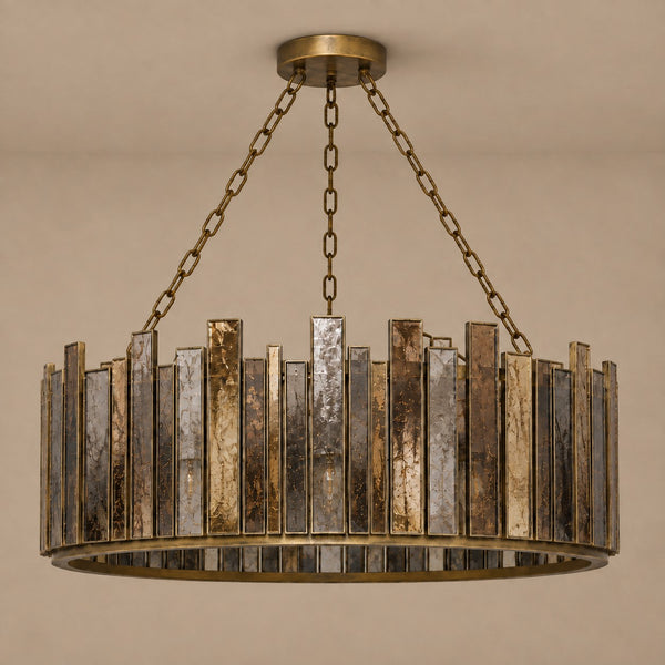 Antique Mirrored Glass Fin Drum Chandelier