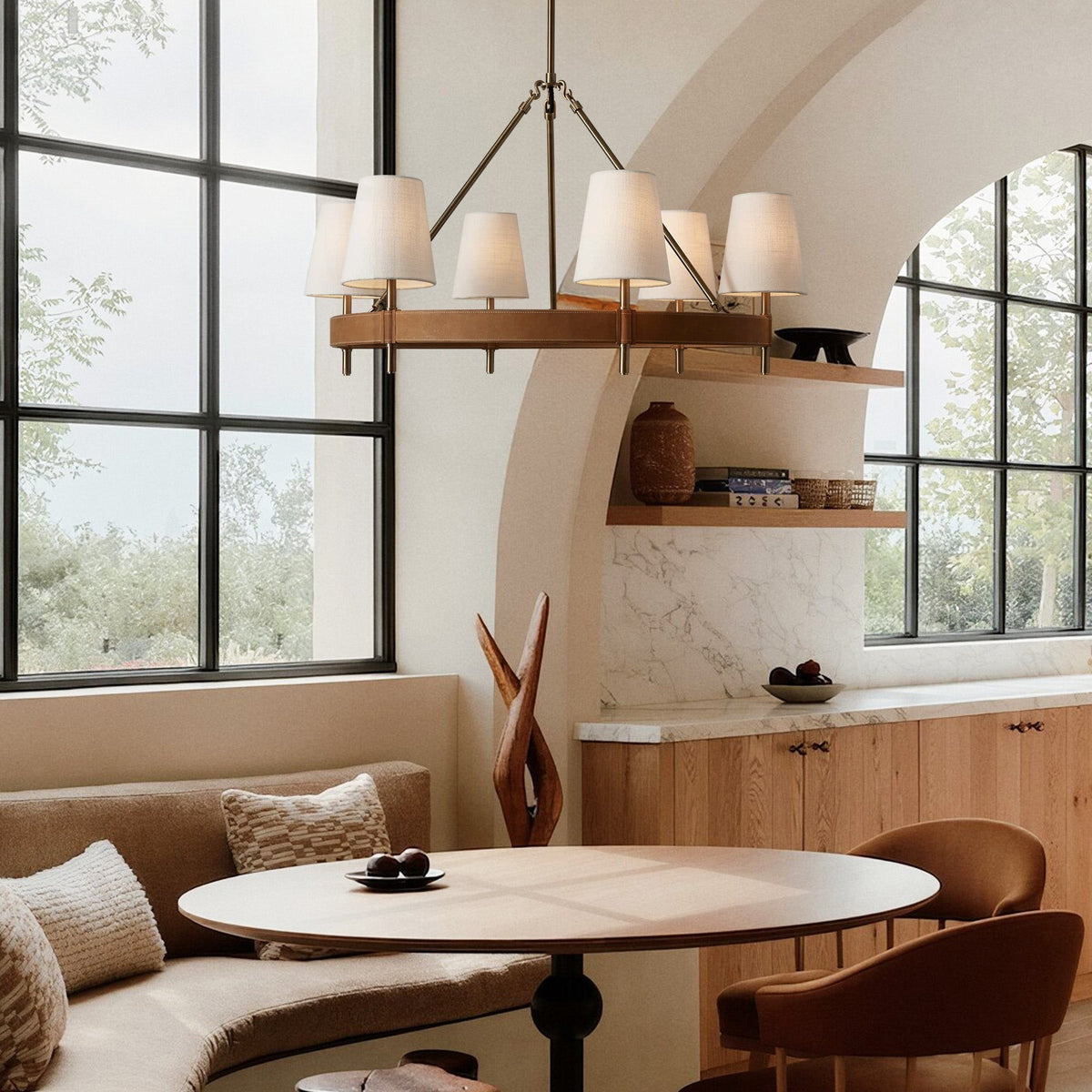 Antiqued Brass Ring Chandelier with Linen Shades